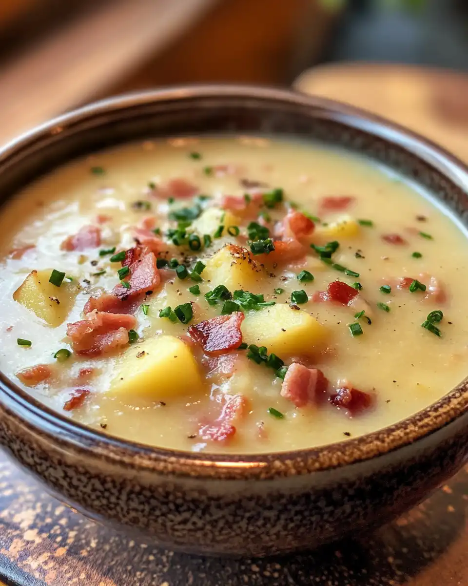 Steam rising from slow cooker creamy potato bacon soup