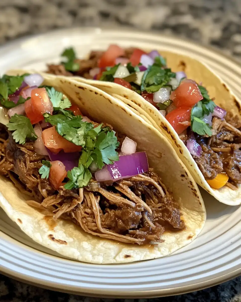 Final pressure cooker pulled beef tacos served with fresh toppings on a plate