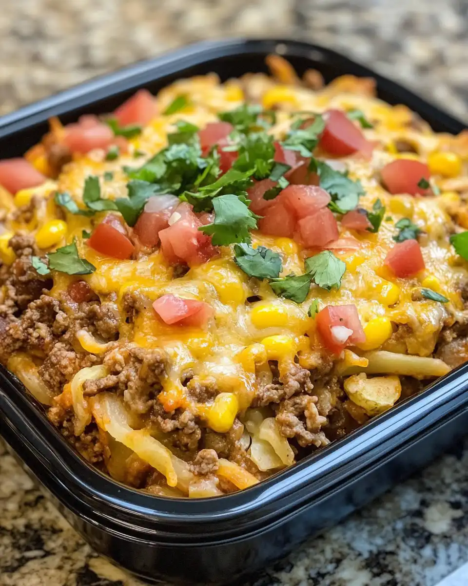 Ingredients including seasoned beef, frozen hash browns, cheese, sour cream, and salsa