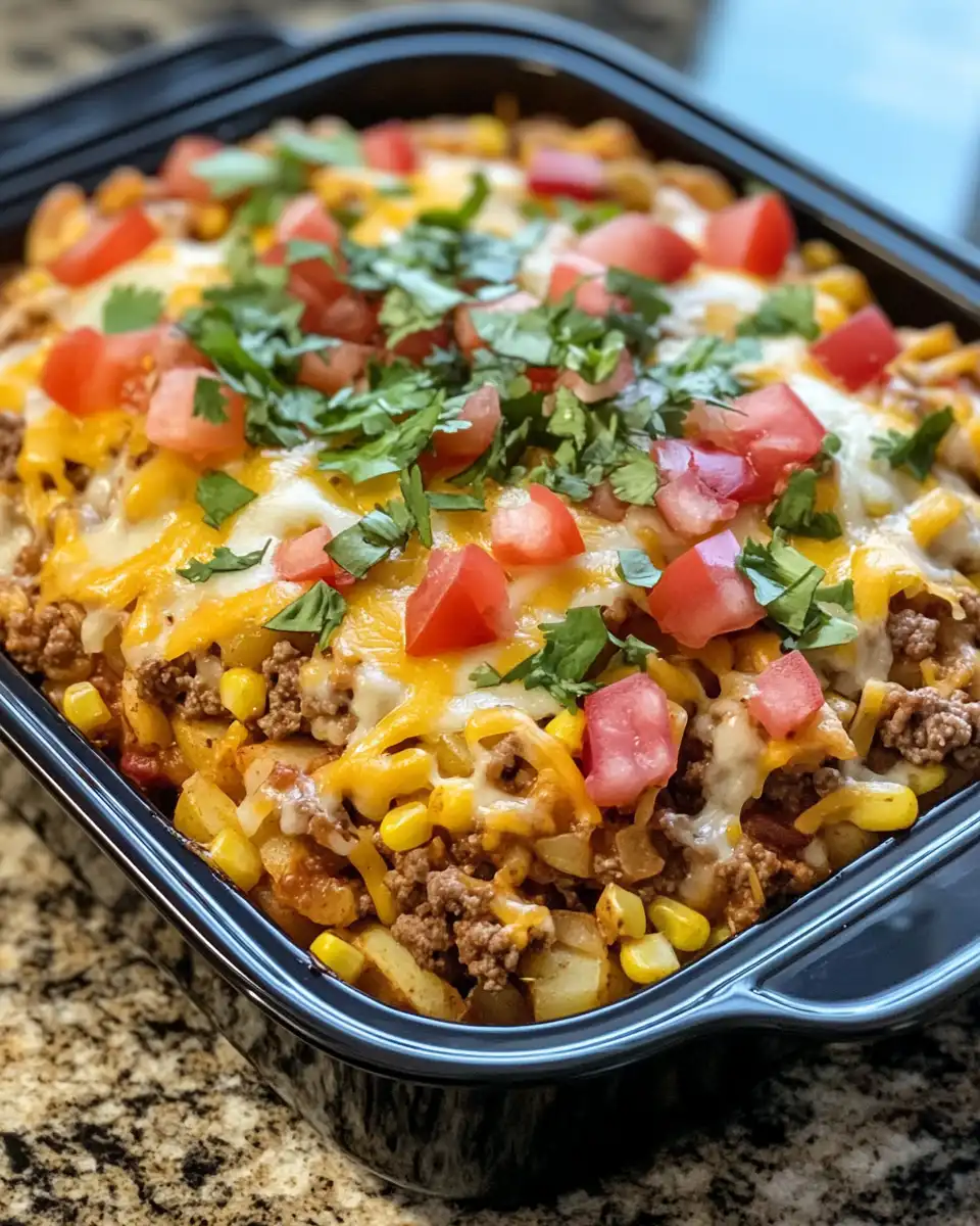 Finished cheesy slow cooker potato taco casserole garnished with parsley and tomatoes
