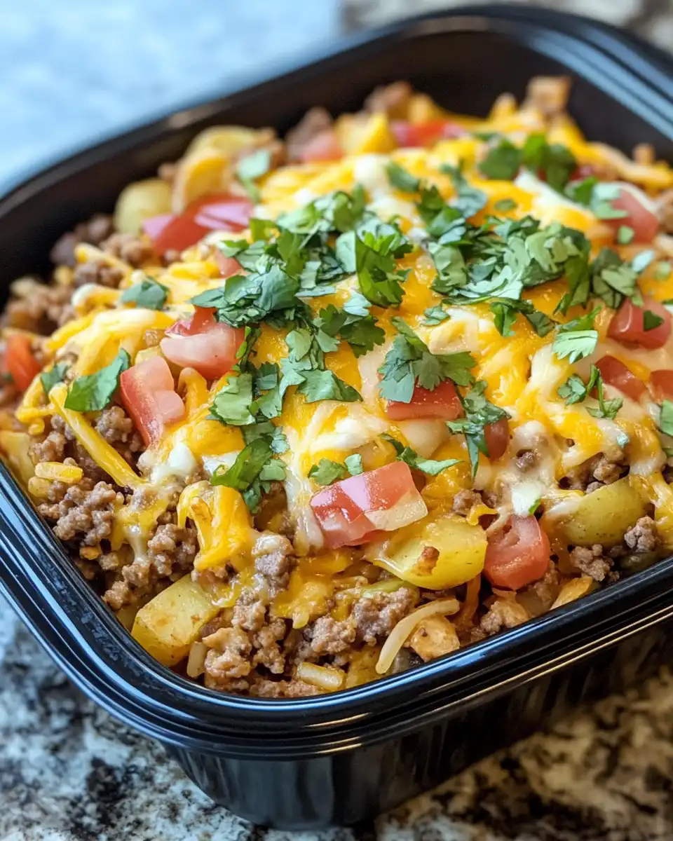 Cheesy beefy potato taco casserole steaming in slow cooker