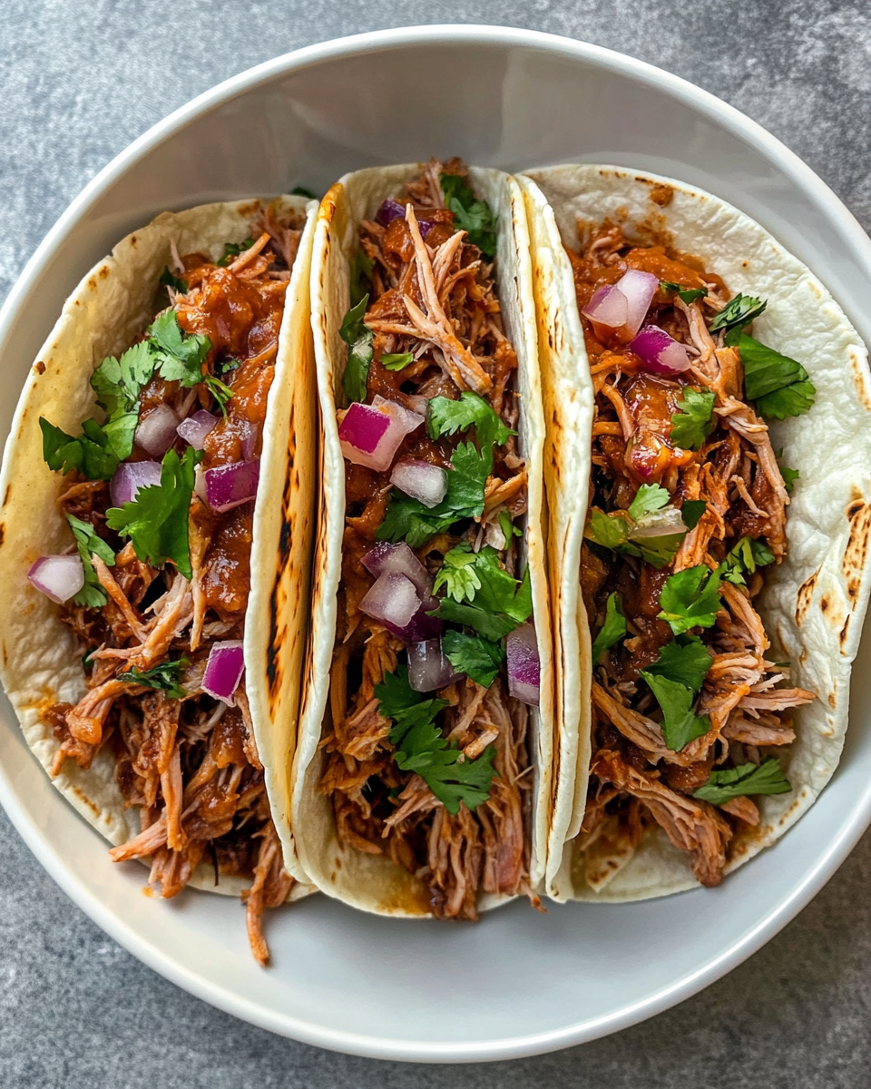 Final serving of slow cooker pulled pork tacos with tortillas and toppings