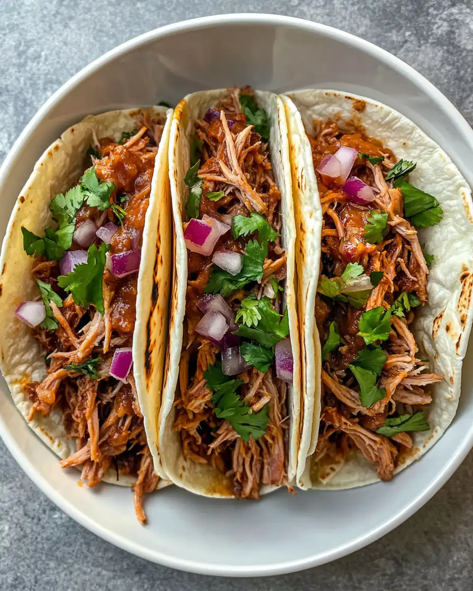 Final serving of slow cooker pulled pork tacos with tortillas and toppings