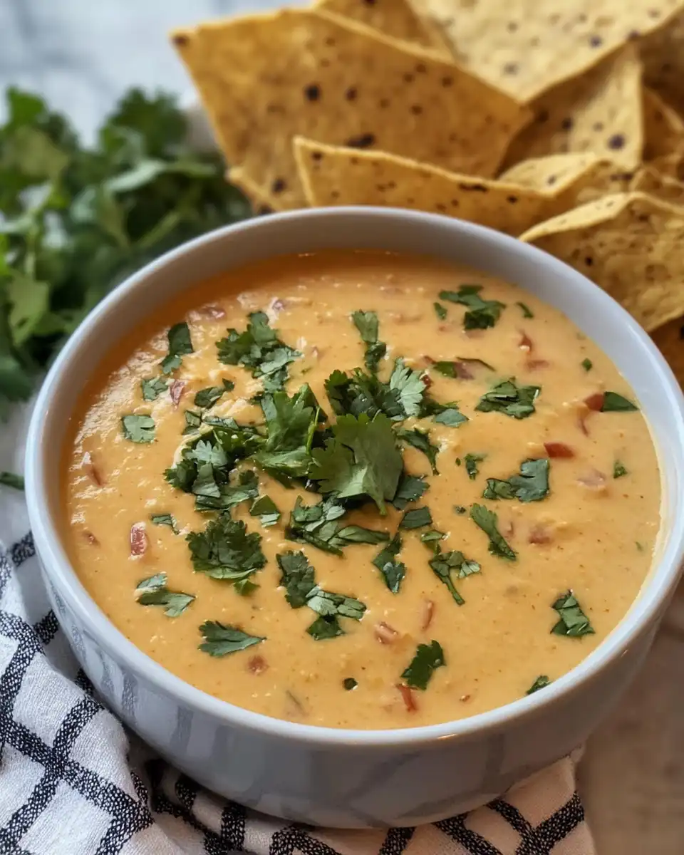 Creamy finished white cheese dip in a bowl with green chilies and chips on the side