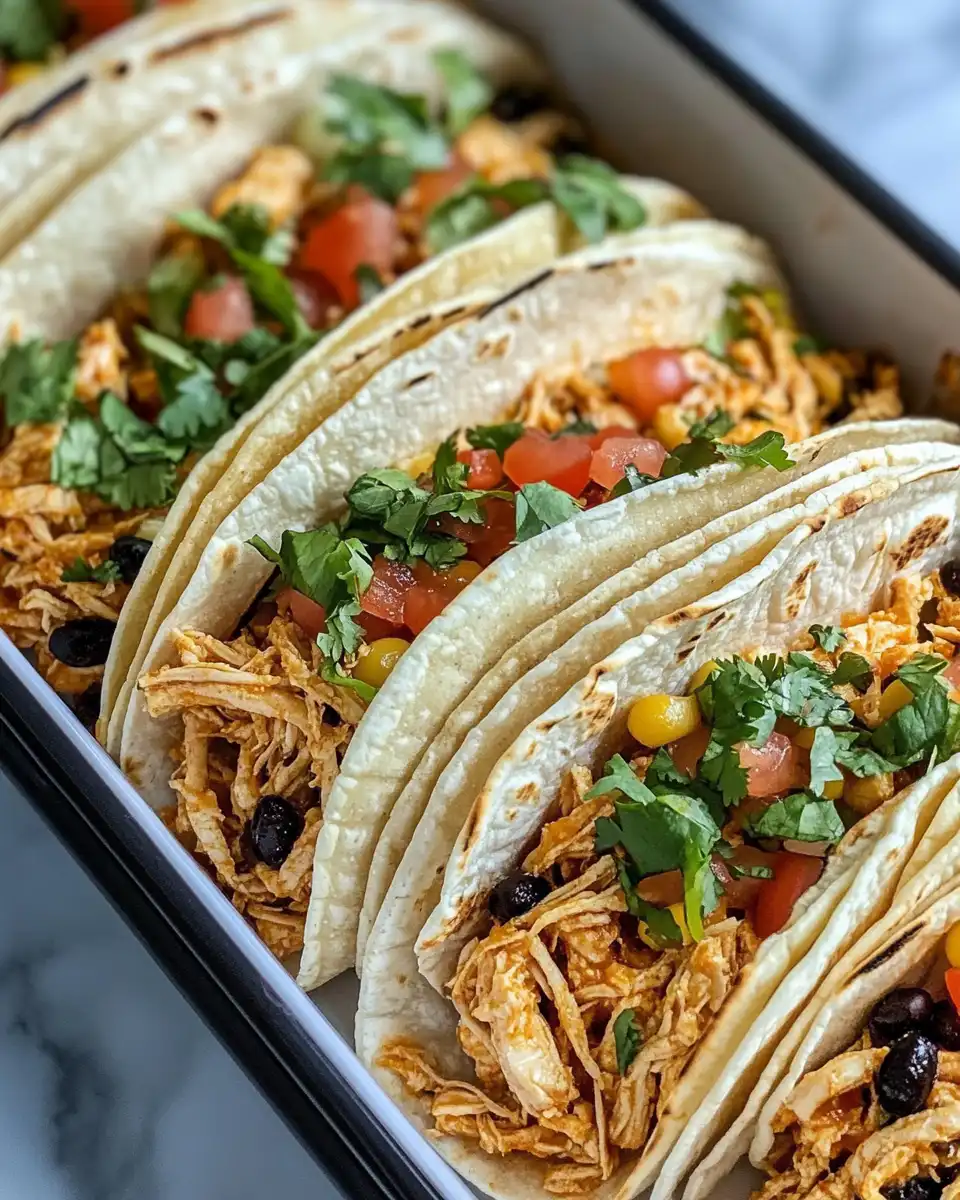Ingredients layout for shredded chicken tacos with spices and salsa
