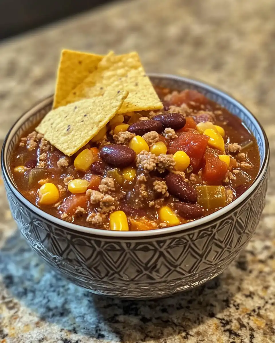 Bowl of slow cooker taco 15 bean soup ready to serve