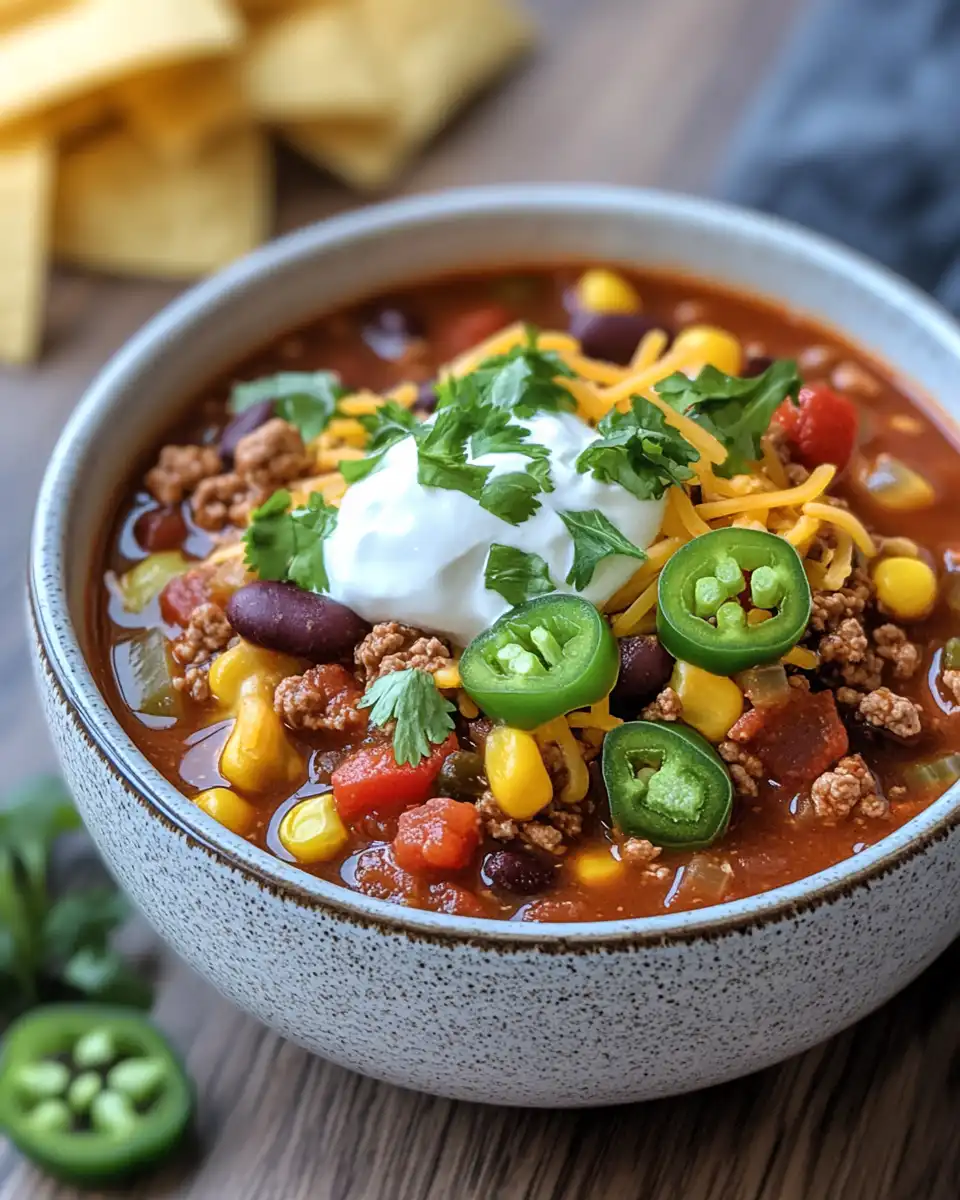 Hearty pressure cooker taco soup served in a bowl with toppings