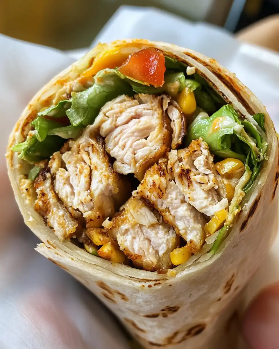 Served Southwest Chicken Wrap on plate with toppings and sauce drizzle