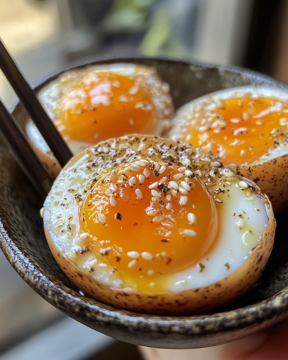 Soy sauce eggs marinated and ready to serve with glossy brown sheen