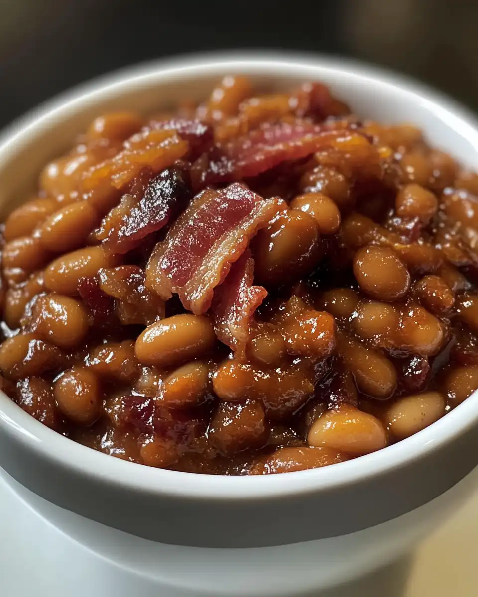 Ingredients for spicy bacon baked beans including bacon, onions, jalapenos, and seasonings
