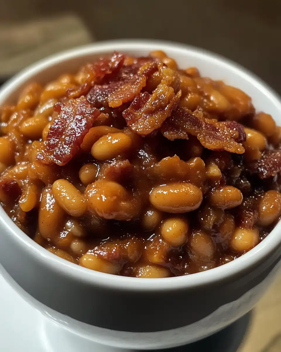 Final plated spicy bacon baked beans garnished with parsley and jalapeno slices