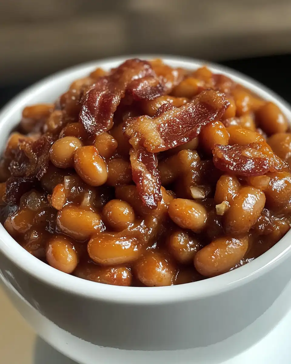 Slow cooker with spicy bacon baked beans cooking to perfection