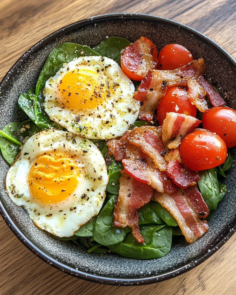 Ingredients laid out for spinach salad with eggs and bacon including mayo and garlic