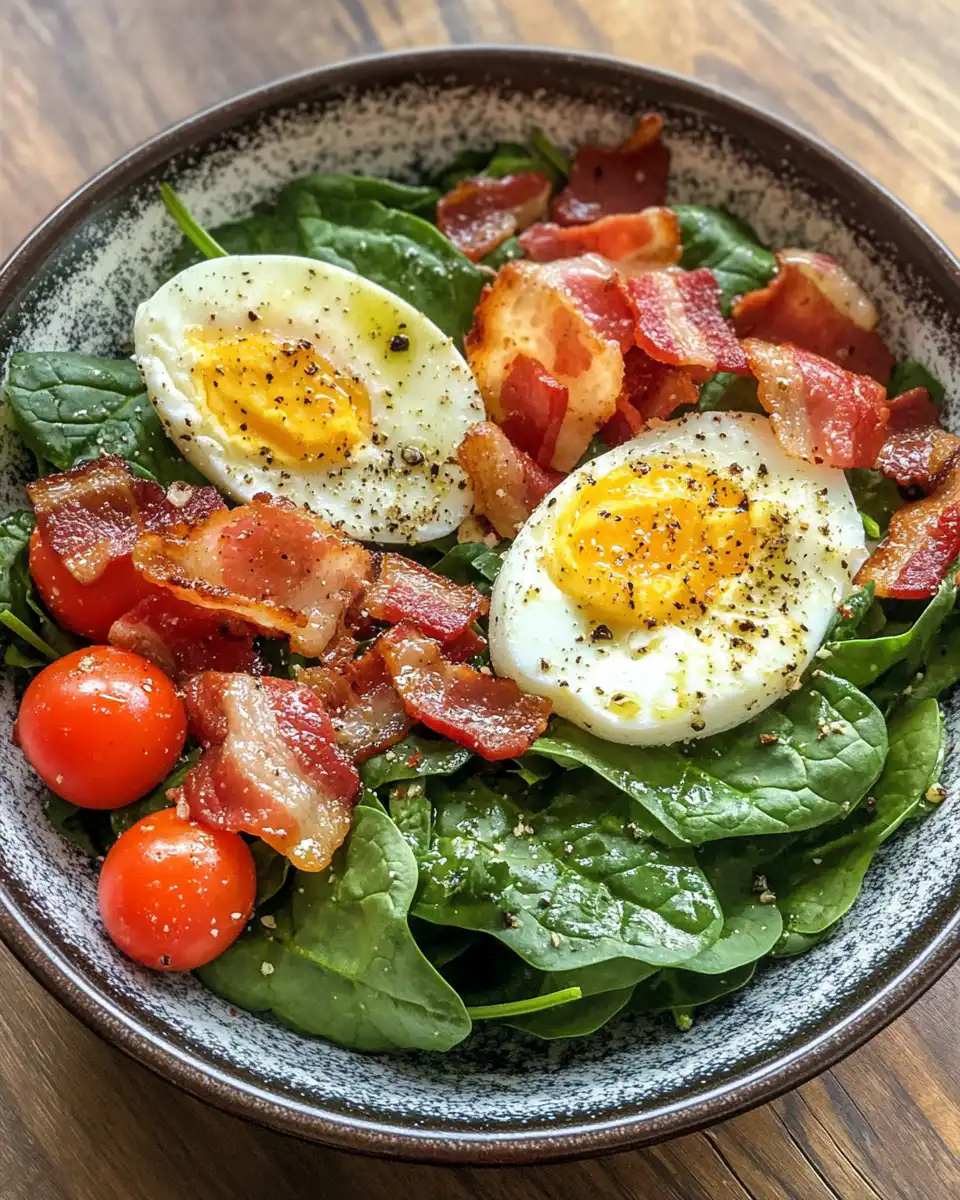 Final plated spinach salad with sliced eggs, crispy bacon, and fresh spinach