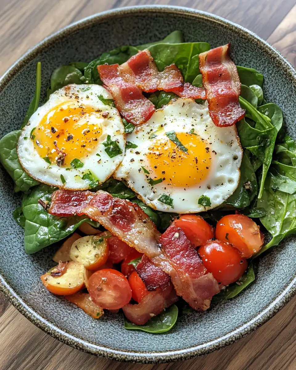 Fresh spinach salad with crispy bacon and tender eggs