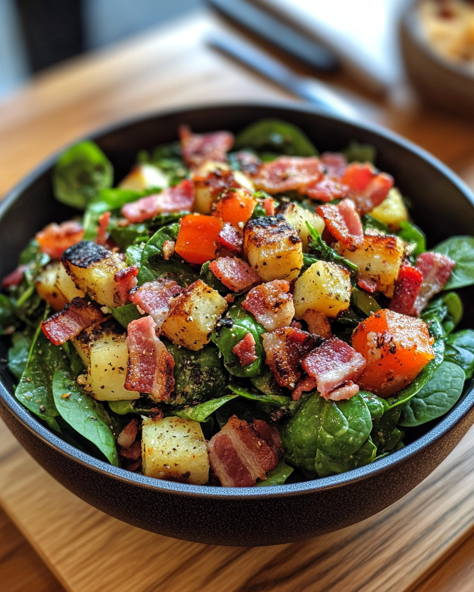 Ingredients for spinach salad with warm bacon dressing including eggs, bacon, onions, and mushrooms