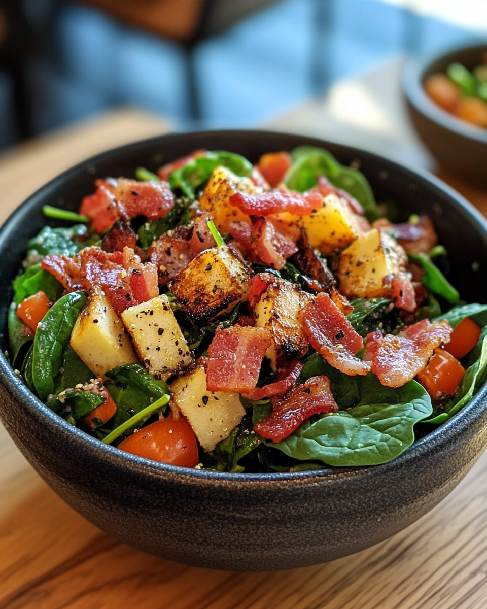 Ready-to-eat spinach salad with warm bacon dressing served in a bowl