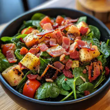Spinach Salad With Warm Bacon Dressing taken with iphone 15 pro max --iw 2 --ar 4:5 --v 6.1 --raw