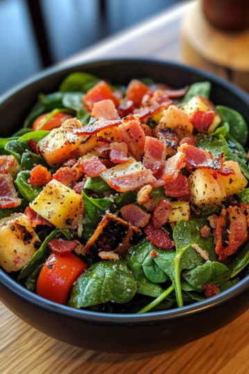 Spinach Salad With Warm Bacon Dressing taken with iphone 15 pro max --iw 2 --ar 4:5 --v 6.1 --raw