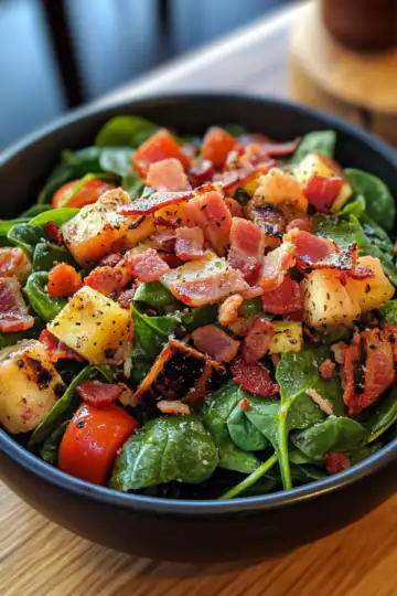 Spinach Salad With Warm Bacon Dressing taken with iphone 15 pro max --iw 2 --ar 4:5 --v 6.1 --raw