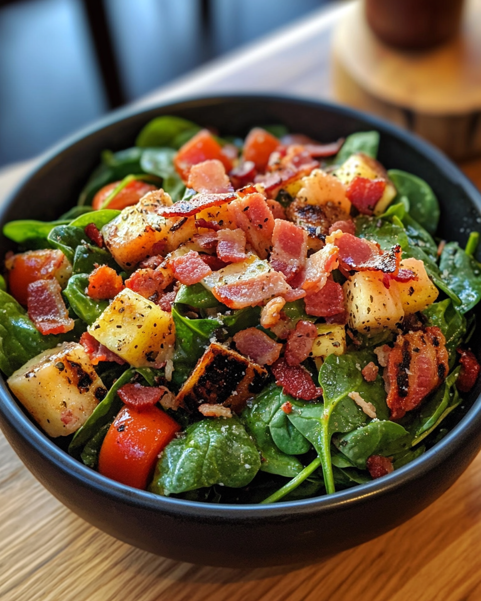 Spinach salad with warm bacon dressing in bowl, preparation beginning