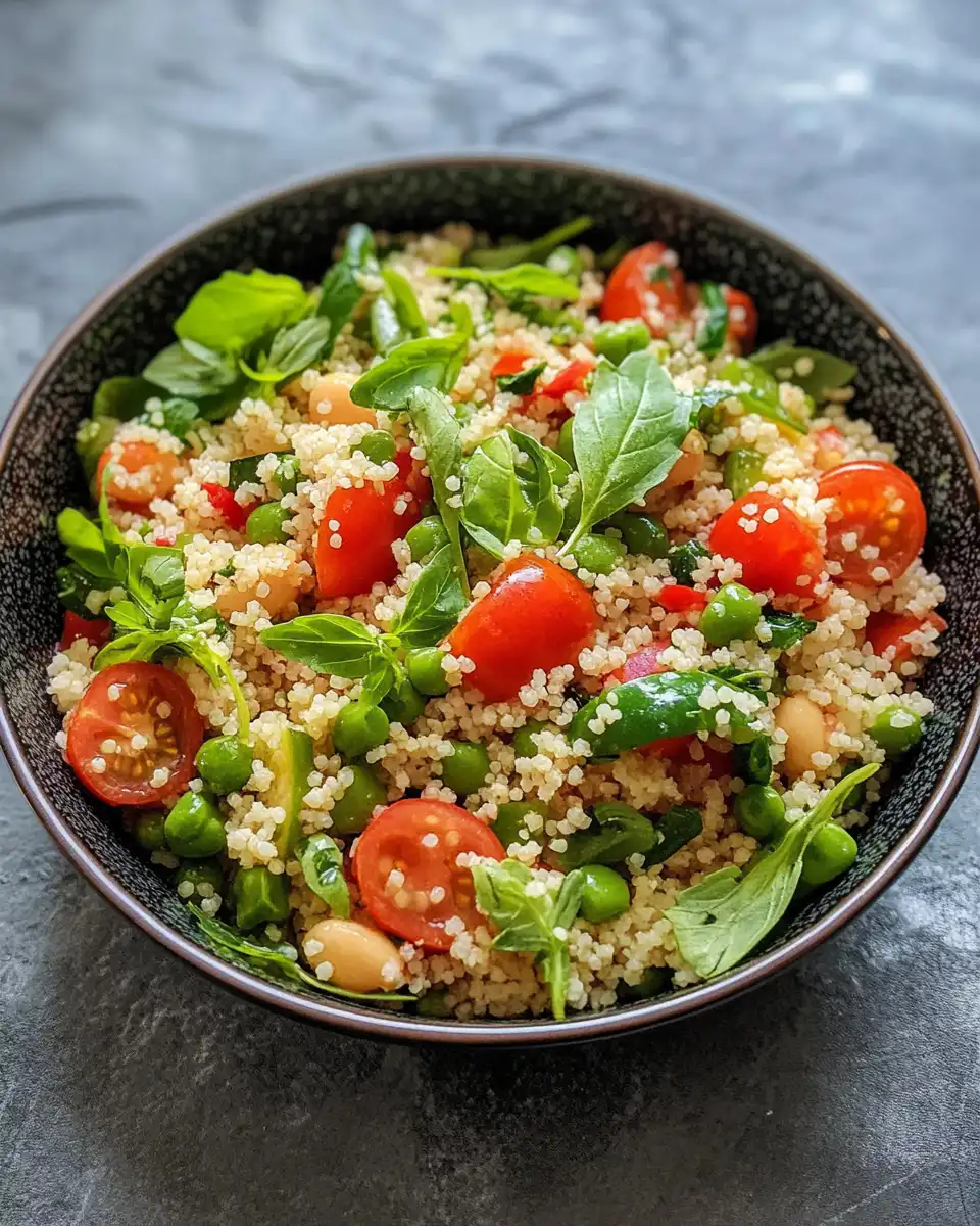 Ingredients for spring couscous salad including peas, feta, walnuts, and basil vinaigrette