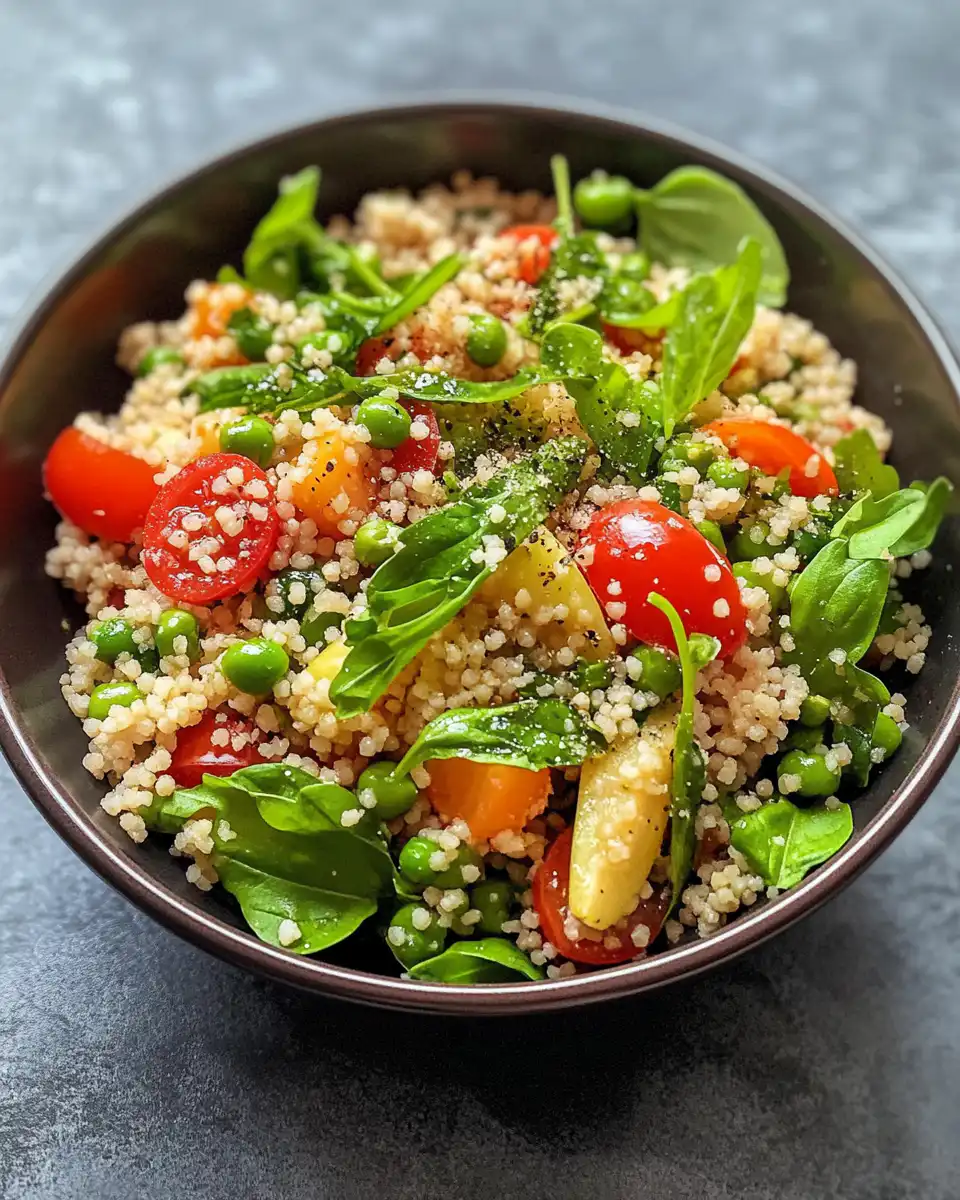 Freshly tossed spring couscous salad with mixed ingredients and basil vinaigrette