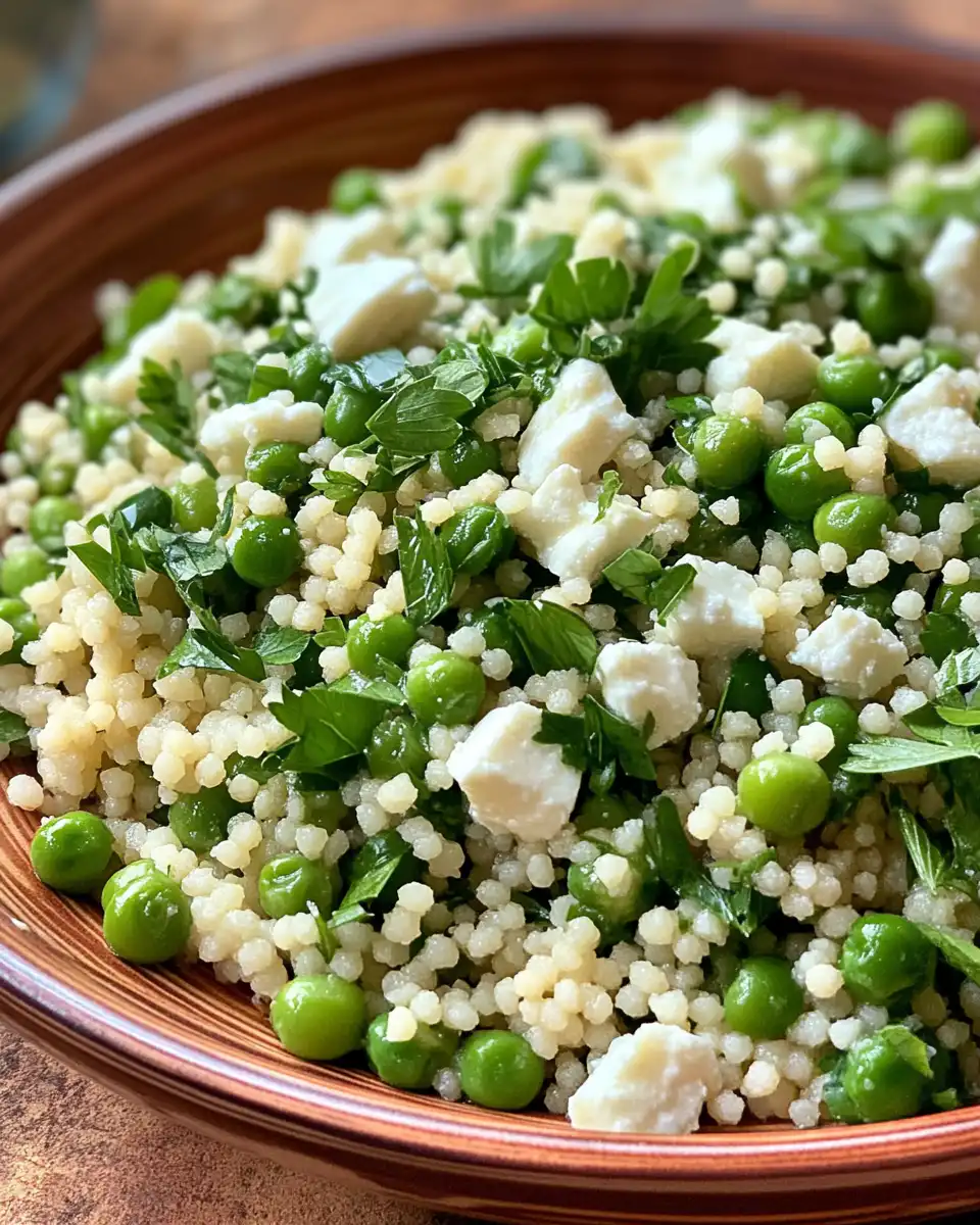 Ingredients laid out for spring pea feta couscous salad including peas, pistachios, and herbs