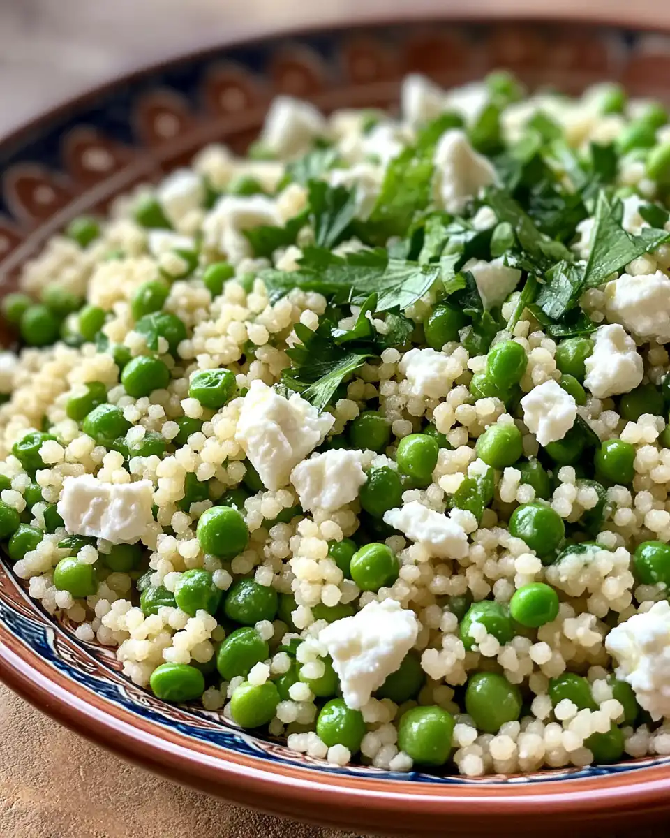 Final plated spring pea feta couscous salad served chilled and garnished