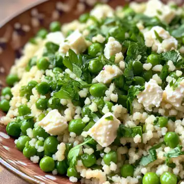Spring Pea Feta Couscous Salad taken with iphone 15 pro max --iw 2 --ar 4:5 --v 6.1 --raw