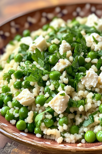 Spring Pea Feta Couscous Salad taken with iphone 15 pro max --iw 2 --ar 4:5 --v 6.1 --raw