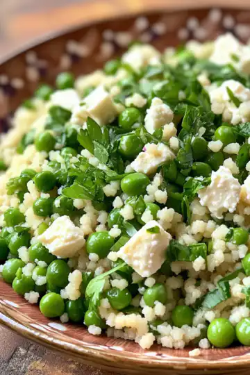 Spring Pea Feta Couscous Salad taken with iphone 15 pro max --iw 2 --ar 4:5 --v 6.1 --raw