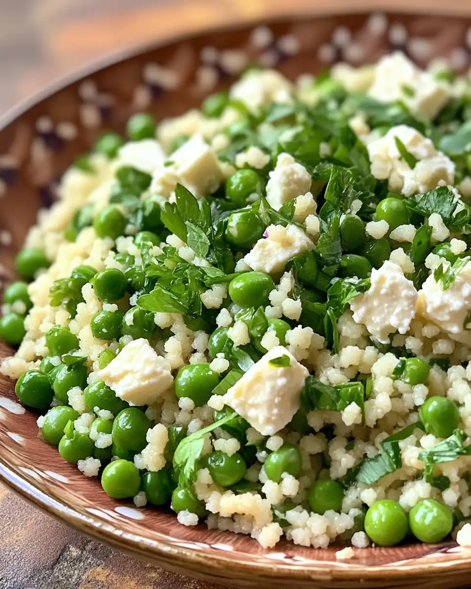 Fresh spring pea and feta couscous salad in pressure cooker with lemon and herbs