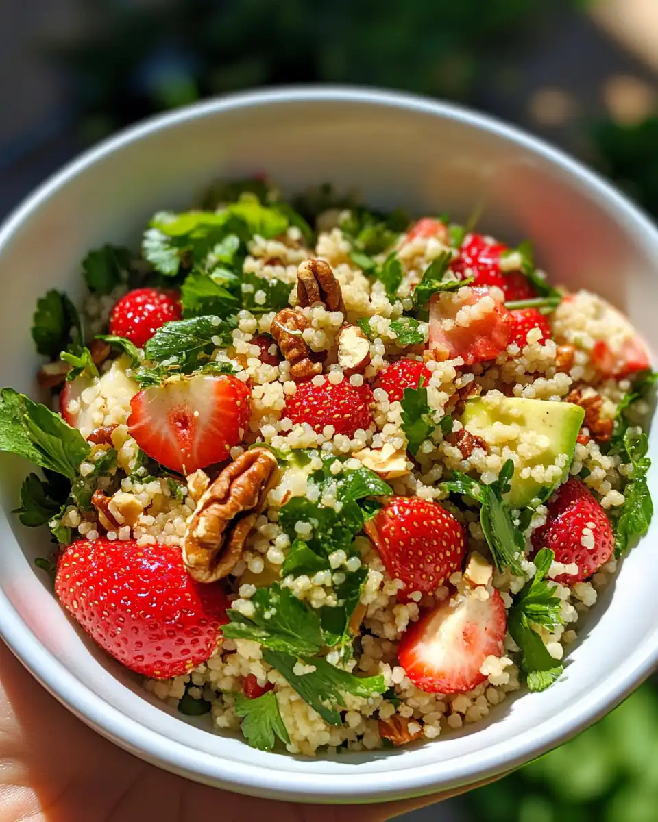Ingredients including spring strawberry salad with couscous and pecans