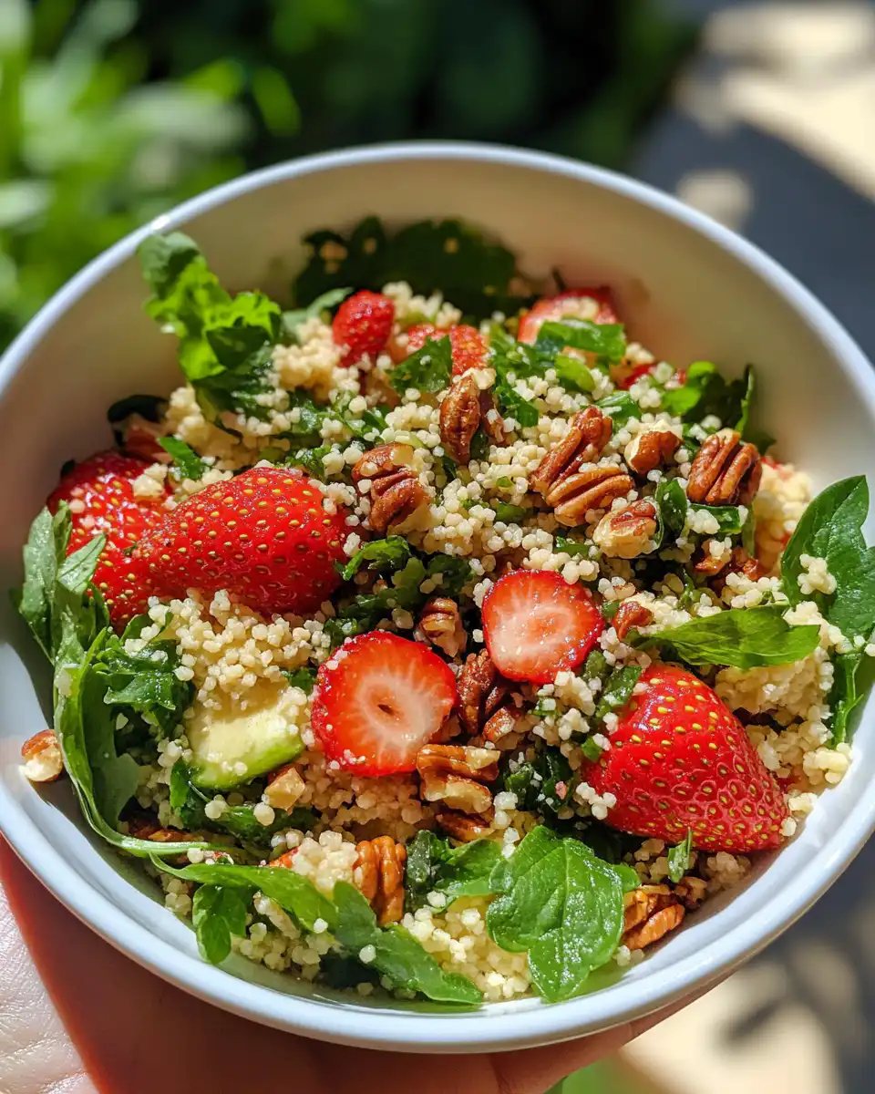 Final plated spring strawberry salad with couscous and pecans side served with lamb