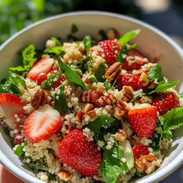 Spring Strawberry Salad With Couscous And Pecan taken with iphone 15 pro max --iw 2 --ar 4:5 --v 6.1 --raw