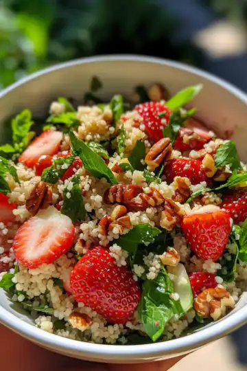 Spring Strawberry Salad With Couscous And Pecan taken with iphone 15 pro max --iw 2 --ar 4:5 --v 6.1 --raw