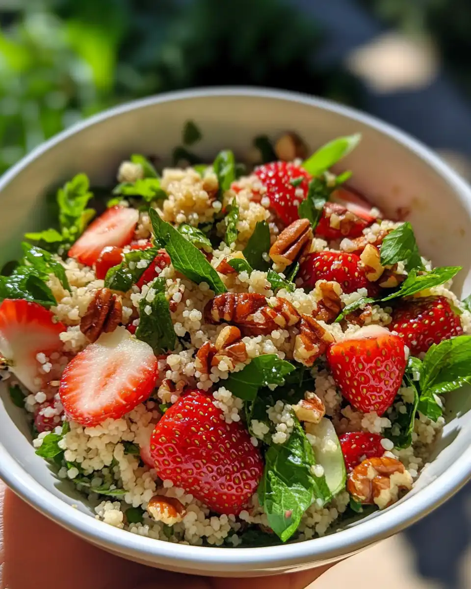 Spring strawberry salad with couscous and pecans as fresh side dish