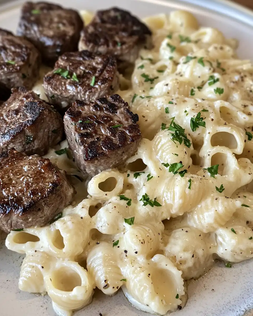 Ingredients including steak bites, fettucini noodles, garlic, butter, and parmesan ready for cooking