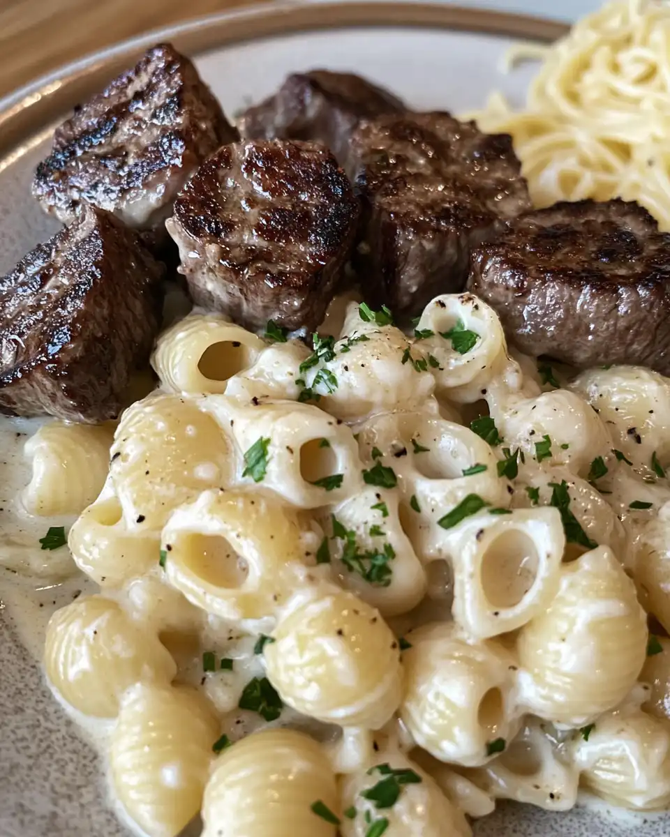 Finished creamy garlic butter steak pasta served with a sprinkle of parmesan and green onions