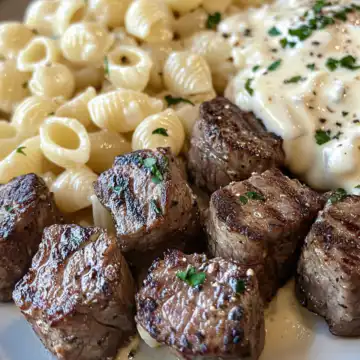 steak bites and shell pasta in garlic butter alfredo sauce taken with iphone 15 pro max --iw 2 --ar 4:5 --v 6.1 --raw