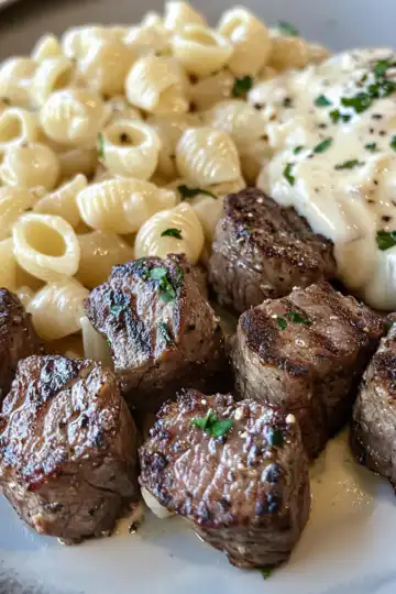steak bites and shell pasta in garlic butter alfredo sauce taken with iphone 15 pro max --iw 2 --ar 4:5 --v 6.1 --raw