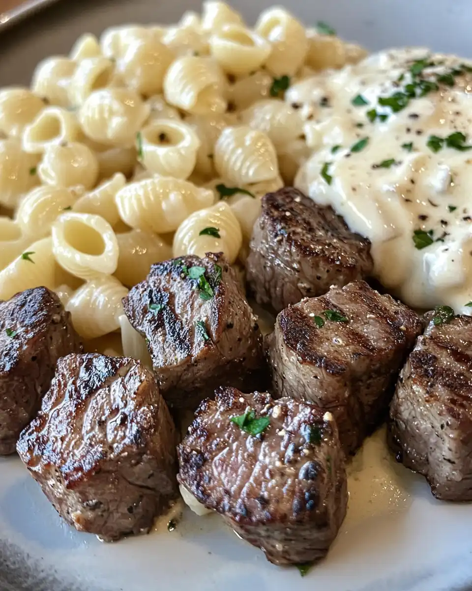 Garlic butter steak and shell pasta sizzling in creamy Alfredo sauce