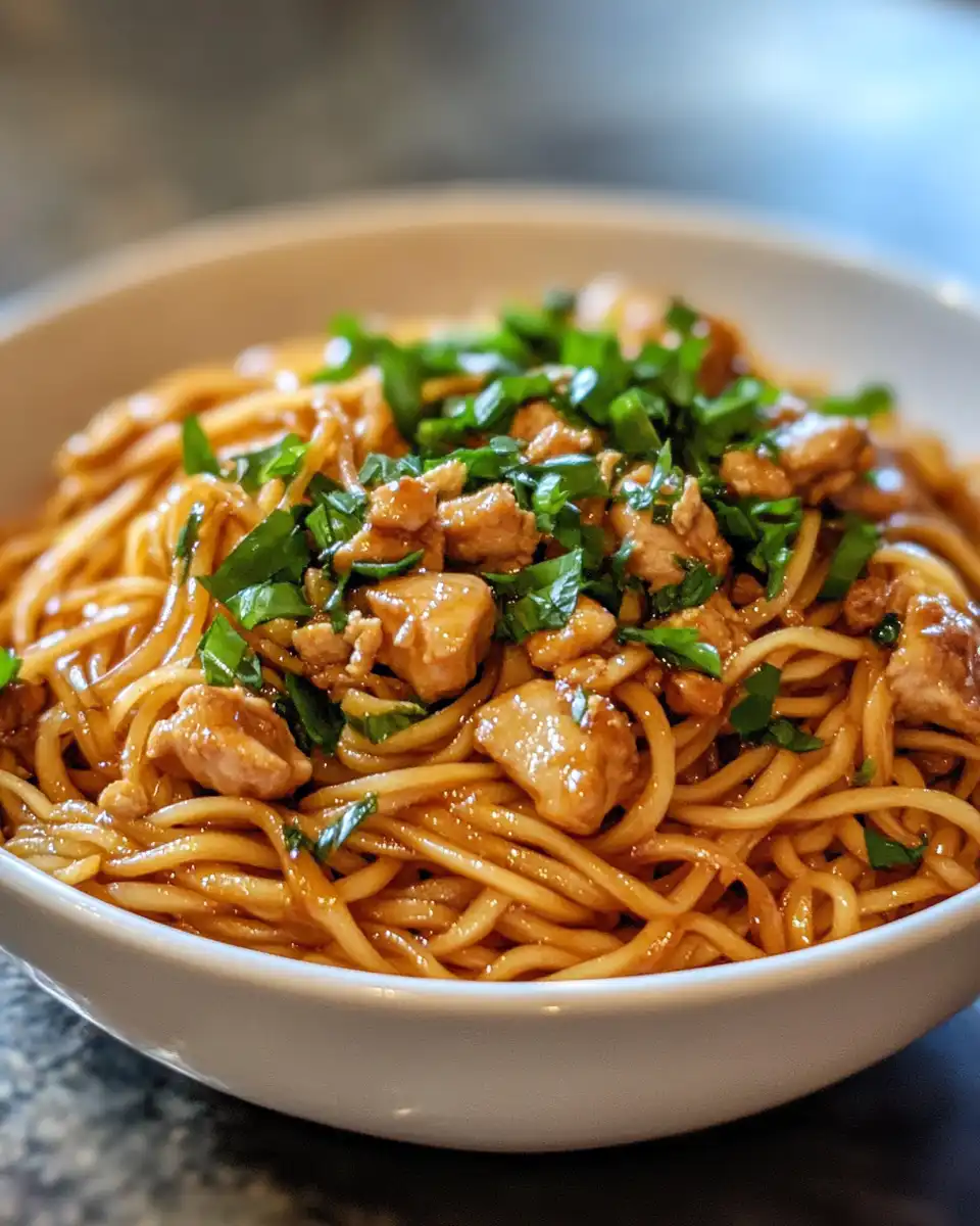 Raw ingredients for sticky garlic chicken noodles including chicken, noodles, ginger, and garlic