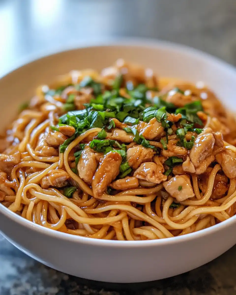 Finished sticky garlic chicken noodles steaming in Instant Pot with valve visible