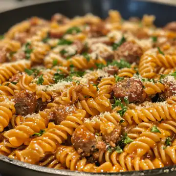 sticky honey garlic sausage pasta skillet sweet savory taken with iphone 15 pro max --iw 2 --ar 4:5 --v 6.1 --raw