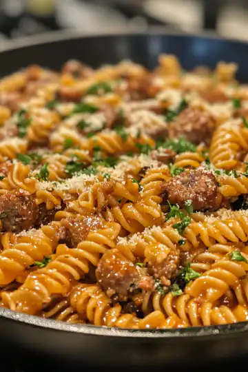 sticky honey garlic sausage pasta skillet sweet savory taken with iphone 15 pro max --iw 2 --ar 4:5 --v 6.1 --raw
