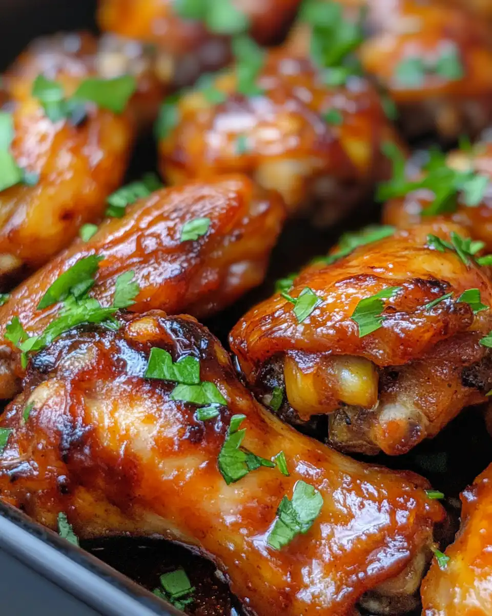Sticky pineapple teriyaki chicken wings on baking tray being brushed with marinade
