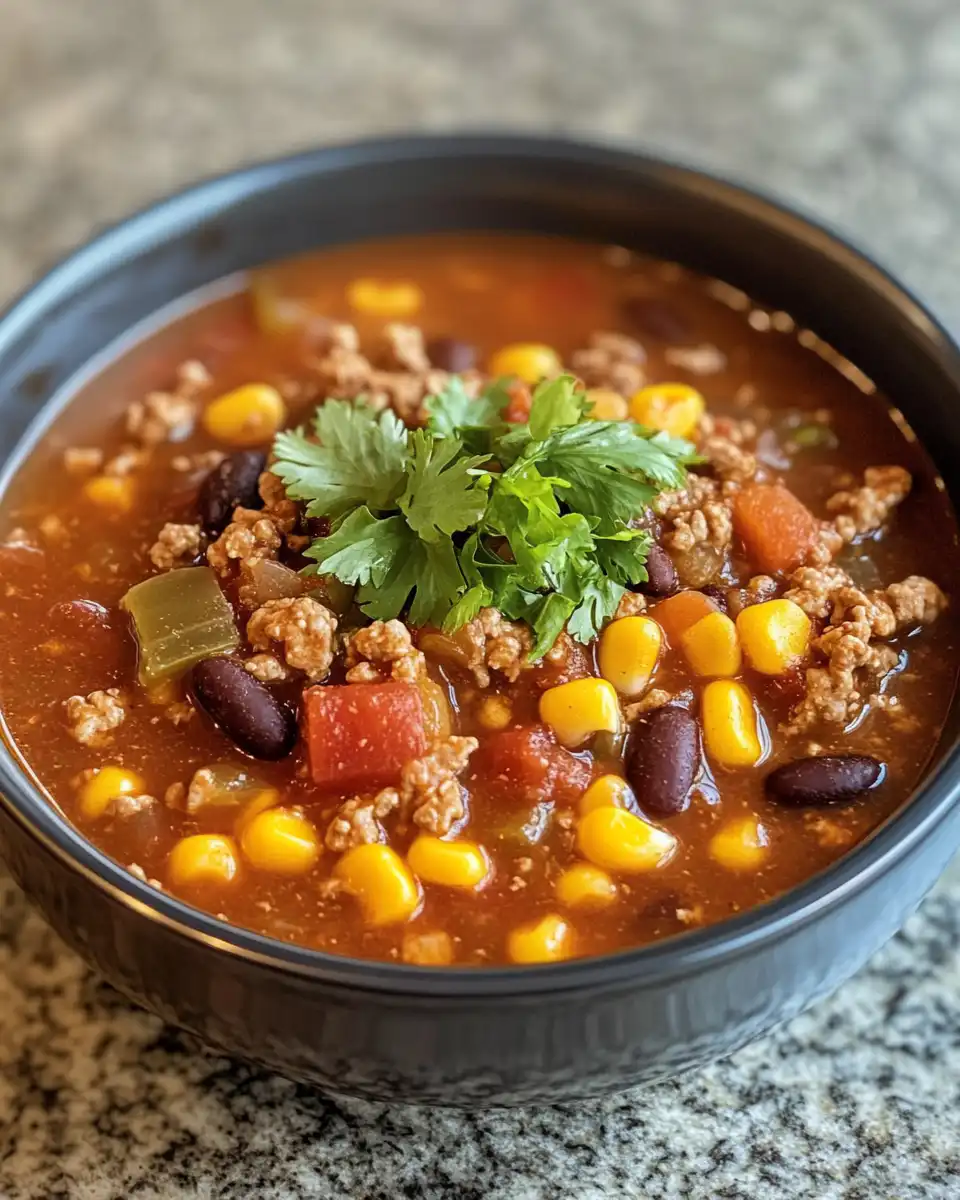 Served taco soup garnished with cheese and sour cream in a bowl