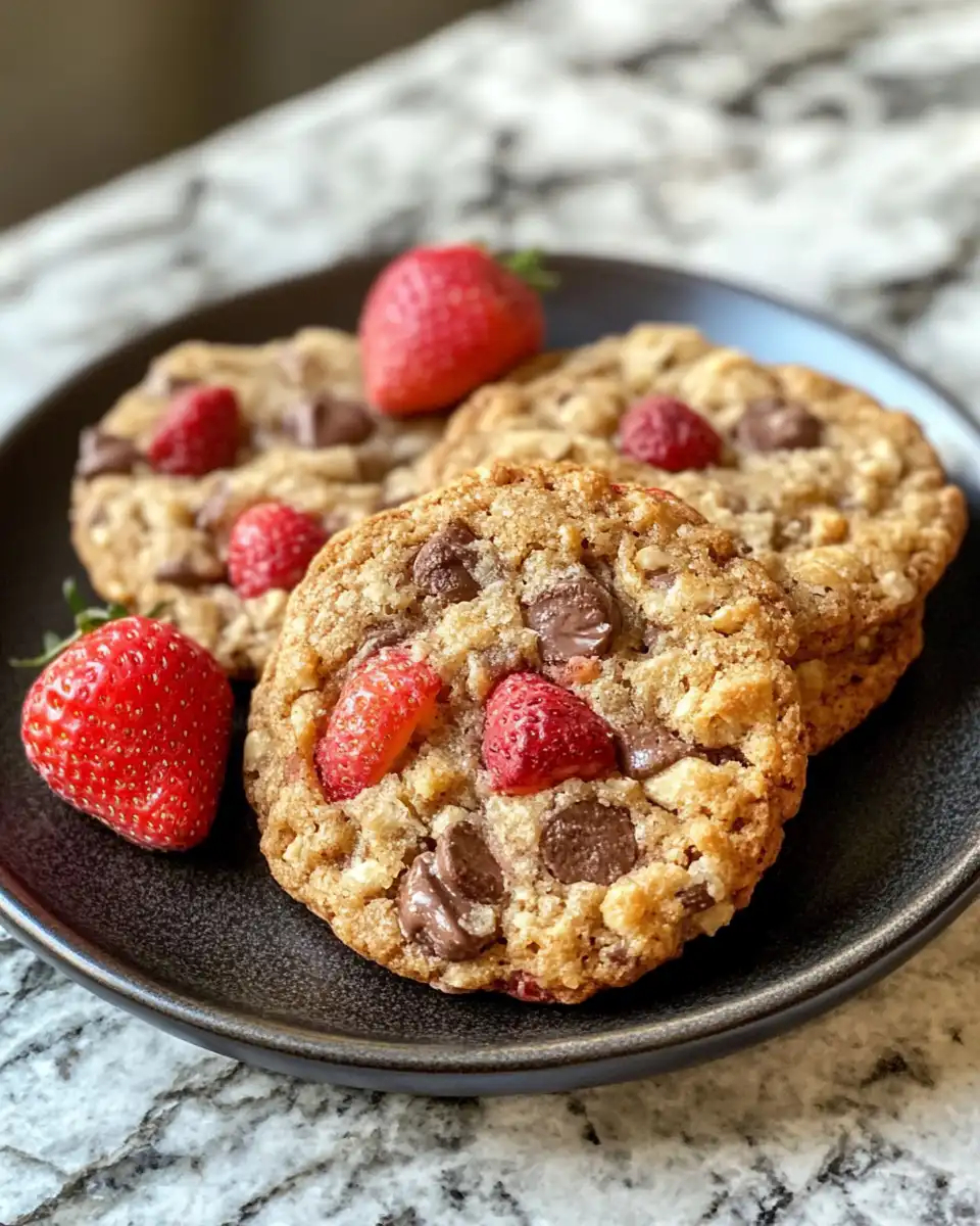 Mixed ingredients for strawberry breakfast cookies with oats, bananas, almond butter, and strawberries